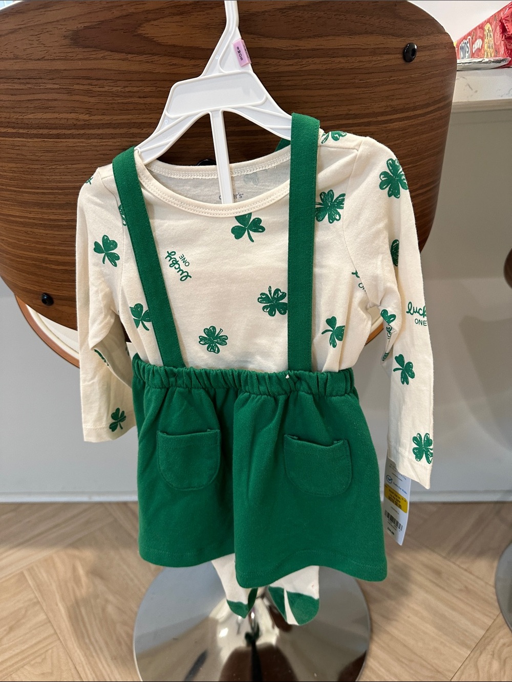 Carter’s Baby Girl Cream & Green Clover Suspender Dress Set Size 9 months